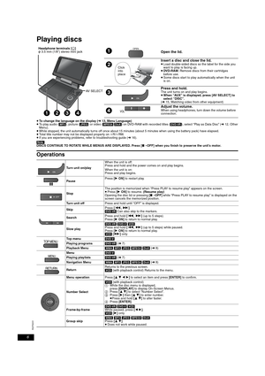 Page 66
RQT9201
Playba ck
Playing discs
≥To change the language on the display (➜13, Menu Language)≥To play audio ([MP3]), picture ([JPEG]) or video ([MPEG4] [DivX]) on DVD-RAM with recorded titles ([DVD-VR]), select “Play as Data Disc” (➜12, Other 
Menu).
≥While stopped, the unit automatically turns off once about 15 minutes (about 5 minutes when using the battery pack) have elapsed.≥Total title number may not be displayed properly on iR/iRW.≥If you are experiencing problems, refer to troubleshooting guide...