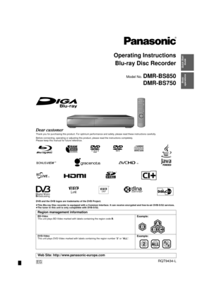 Page 1until 
2010/02/15
Dear customer
Thank you for purchasing this product. For optimum performance and safety, pl ease read these instructions carefully.
Before connecting, operating or adj usting this product, please read the instructions completely. 
Please keep this manual for future reference.
DVB and the DVB logos are trademarks of the DVB Project.
≥ This Blu-ray Disc recorder is equipped with a Common Interface. It can receive encrypted and free-to-air DVB-S/S2 services.
≥ The tuner in this unit is...