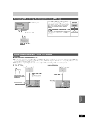 Page 101101
RQT9434
Convenient functions
[Required^setting]  
≥ “Digital Audio Output” in the Setup menu ( >91)
≥ When this unit is connected to an amplifie r with an optical digital audio cable or coaxial cable and connected to a television  with an HDMI cable, 
you can enjoy the highest quality of audio  from the disc by setting “HDMI Audio Output” to “Off” in the Setup menu (> 93). In this case audio is 
only output from the amplifier not the television.
≥ Before purchasing an optical digital audi o cable...