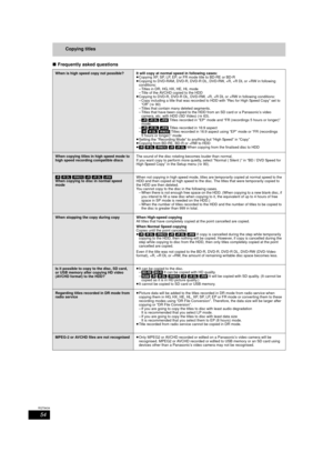 Page 5454
RQT9434
Copying titles
∫ Frequently asked questions
When is high speed copy not possible? It w ill copy at normal speed in following cases: 
≥ Copying XP, SP, LP, EP, or FR mode title to BD-RE or BD-R
≥ Copying to DVD-RAM, DVD-R, DVD-R DL, DVD-RW, +R, +R DL or +RW in following 
conditions:
– Titles in DR, HG, HX, HE, HL  mode
– Title of the AVCHD copied to the HDD
≥ Copying to DVD-R, DVD-R DL, DVD-RW, +R, +R DL or +RW in following conditions:
– Copy including a title that was recorded to HDD with “Rec...