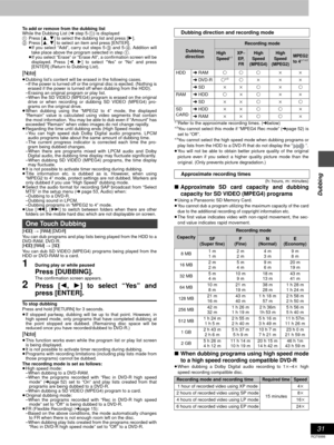 Page 3131
RQT6986
Dubbing
To add or remove from the dubbing list
While the Dubbing List (➜ step 5-1) is displayed
1Press [3, 4] to select the dubbing list and press [1].
2Press [3, 4] to select an item and press [ENTER].
≥If you select “Add”, carry out steps 5-3 and 5-4. Addition will
take place above the program selected in step 1.
≥If you select “Erase” or “Erase All”, a confirmation screen will be
displayed. Press [2, 1] to select “Yes” or “No” and press
[ENTER] (Return to Dubbing List).
[Note]
≥Dubbing...