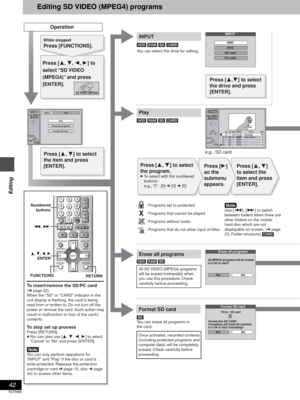 Page 4242
RQT6986
Editing
Editing SD VIDEO (MPEG4) programs
Operation
Erase all programs
All MPEG4 programs will be erased.
Is it OK to start?
Ye s N o
SD VIDEO
(MPEG4)INPUTHDD
Play
Erase all programs
Format SD card
RETURNENTERSELECT
INPUT
DVD
SD card
PC cardHDD
RETURN
0   - -   9No.
SD VIDEO
(MPEG4)
00212/31
No    CH    DATETITLE3
3
START
5:00 PM00111:00 AM12/24
SD Card
ENTER
Dinosaur
Auto action4 21
1
1
1
1
1
RETURN
0   - -   9No.
SD VIDEO
(MPEG4)
00212/31
No.    CH   DATETITLEEDIT3
3
START
5:00 PM00111:00...