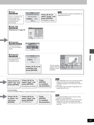 Page 4343
RQT6986
Editing
Erase
Erase Cancel Erase this program.
RETURN
ENTER SELECT
Properties
No.
Date
CH16/20/ 2001 TUE4
Time 8:21 PMRec time 0:01
ENTER
MDL002
Bit Rate
Rec capacity
File name295Kbps
2MB
MDL002
RETURN
ENTER
_Enter Title
1 1
2
3
4
5
6
7
8
9
0
1002345
ABC a
DE F d
GH I
NOg
JKL j
M
m
67890
bcij
ef /l%
hiﬂ$¢
&
klON@
n]_o[
SPACE
SETERASE
SELECT
0100PQRS p
TUV t
WX Y Z wqrs ( )
uv { }-
xyz
`^| 
! ?\
.
,

:
; ––
RETURN
π;
Protection
Ye sNo Set up Program Protection.
RETURN
ENTERSELECT
RETURN
0   - -...