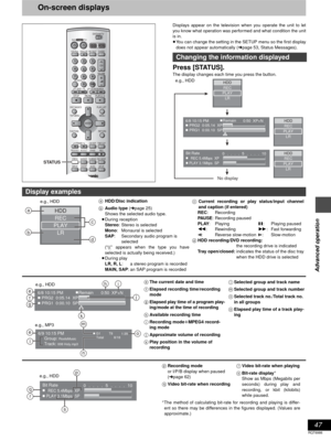 Page 4747
RQT6986
Advanced operation
On-screen displays
Displays appear on the television when you operate the unit to let
you know what operation was performed and what condition the unit
is in.
≥You can change the setting in the SETUP menu so the first display
does not appear automatically (➜page 53, Status Messages).
Press [STATUS].
The display changes each time you press the button.
DV DTV
INPUT SELECTVCR Plus+OPEN/CLOSETV/VIDEO
CH
VOLUME
SKIP
DIRECT NAVIGATORPLAY LIST
TOP MENU
ENTER
MENU
FUNCTIONSRETURN...