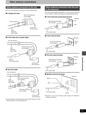 Page 6161
RQT6986
Advanced operation
Other antenna connections
Use one of the following connections to suit the antenna lead.
∫A single twin lead
∫A twin lead and a coaxial cable
∫Two twin leads
≥If your television has both lead and coaxial VHF terminals, use the
lead connection to minimize signal loss.Use one of the following connections to suit the antenna terminals
on your television. Refer to the television’s operating instructions.
∫A twin lead and coaxial plug terminal
∫A twin lead terminal
∫Two twin lead...