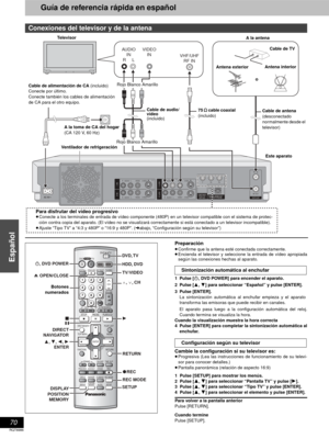 Page 7070
Español
RQT6986
Guía de referencia rápida en español
Preparación
≥Confirme que la antena esté conectada correctamente.
≥Encienda el televisor y seleccione la entrada de vídeo apropiada
según las conexiones hechas al aparato.
1 Pulse [Í, DVD POWER] para encender el aparato.
2 Pulse [3, 4] para seleccionar “Español” y pulse [ENTER].
3 Pulse [ENTER].
La sintonización automática al enchufar empieza y el aparato
transforma las emisoras que puede recibir en canales.
El aparato pasa luego a la configuración...