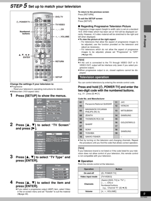 Page 99
RQT6986
Setting up
STEP 5Set up to match your television
Change the settings if your television is:≥Progressive
– Read your television’s operating instructions for details.
≥Widescreen (16:9 aspect ratio)
1Press [SETUP] to show the menus.
2Press [3, 4] to select “TV Screen”
and press [1].
3Press [3, 4] to select “TV Type” and
press [ENTER].
4Press [3, 4] to select the item and
press [ENTER].
≥If you select a progressive output (480P) item, select Video
in the on-screen menu and set “Transfer” to suit...