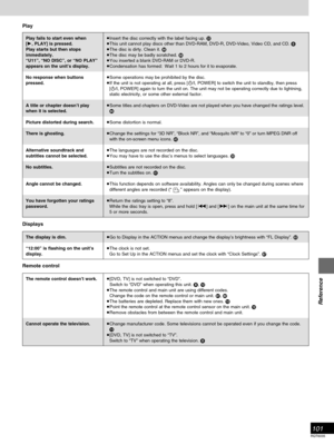 Page 101101
RQT6035
Reference
Insert the disc correctly with the label facing up. 
This unit cannot play discs other than DVD-RAM, DVD-R, DVD-Video, Video CD, and CD. 
The disc is dirty. Clean it. 
The disc may be badly scratched. 
You inserted a blank DVD-RAM or DVD-R.
Condensation has formed: Wait 1 to 2 hours for it to evaporate.
Some operations may be prohibited by the disc.
If the unit is not operating at all, press [/I, POWER] to switch the unit to standby, then press
[/I, POWER] again to...