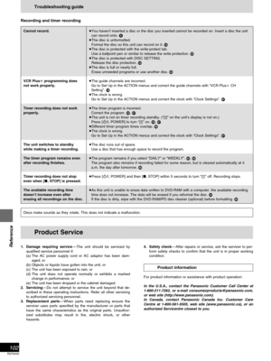 Page 102RQT6035
Reference
102
Troubleshooting guide
Recording and timer recording
You haven’t inserted a disc or the disc you inserted cannot be recorded on. Insert a disc the unit
can record onto. 
The disc is unformatted.
Format the disc so this unit can record on it. 
The disc is protected with the write-protect tab.
Use a ballpoint pen or similar to release the write protection. 
The disc is protected with DISC SETTING.
Release the disc protection. 
The disc is full or nearly full.
Erase unneeded...