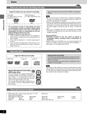 Page 6Getting started
RQT6035
6
Discs
Discs you can use for recording and play
Logos for discs you can record on and play
DVD-RAM
[4.7 GB/9.4 GB, 12 cm (5)]
[2.8 GB, 8 cm (3)]DVD-R (➡ page 7)
[4.7 GB for General Ver. 2.0]
The manufacturer accepts no responsibility and offers
no compensation for loss of recorded or edited material
due to a problem with the unit or disc, and accepts no
responsibility and offers no compensation for any sub-
sequent damage caused by such loss.
Examples of causes of such losses...