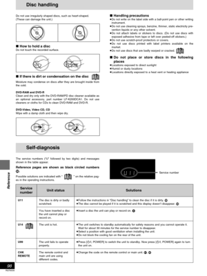 Page 9898
RQT6035
Reference
The service numbers (“U” followed by two digits) and messages
shown in the table appear.
Reference pages are shown as black circled numbers
.
Possible solutions are indicated with “” on the relative pag-
es in the operating instructions.
Disc handling
Handling precautionsDo not write on the label side with a ball-point pen or other writing
instrument.
Do not use cleaning sprays, benzine, thinner, static electricity pre-
vention liquids or any other solvent.
Do not attach labels...