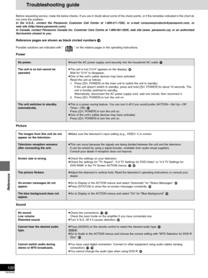 Page 100RQT6035
Reference
100
Insert the AC power supply cord securely into the household AC outlet. 
The unit is hot (“U14” appears on the display). 
Wait for “U14” to disappear.
One of the unit’s safety devices may have activated.
Reset the unit as follows:
1. Press [/I, POWER] on the main unit to switch the unit to standby.
If the unit doesn’t switch to standby, press and hold [/I, POWER] for about 10 seconds. The
unit is forcibly switched to standby.
Alternatively, disconnect the AC power supply cord,...