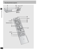 Page 1818RQT6559Basic play and recording
Recording television programs
12
Í/IPOWER
OPEN/CLOSE
ENTERF
U
N
C
T
IO
N
ST
I
M
E
 
S
L
IPRE
TU
R
N
RECR
E
C
 
M
O
D
E
;
∫
1
5
1
3 5 4
F Rec
CANCEL
STATUS
;∫
2
≥3
1
342
2
≥3
2
DVD, TV
TV/VIDEO
Numbered buttons
19RQT6559
Basic play and recording
[RAM] [DVD-R]1
Press [Í, DVD POWER] to turn the
unit on.
2
Press [