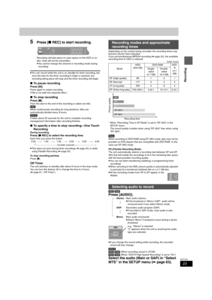 Page 2323
RQT7394
Recording
5Press [¥REC] to start recording.
Recording will take place on open space on the HDD or on 
disc. Data will not be overwritten.
≥You cannot change the channel or recording mode during 
recording.
≥You can record while the unit is on standby for timer recording, but 
once the time for the timer recording to begin is reached, any 
recording taking place will stop and the timer recording will begin.
∫To pause recording
Press [;].
Press again to restart recording.
(Title is not split...