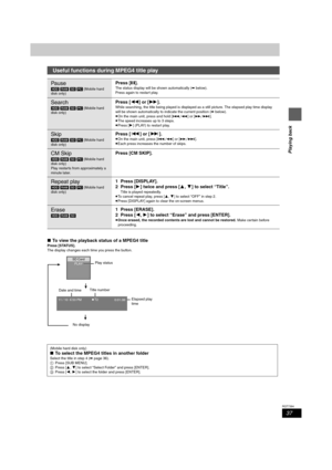 Page 3737
RQT7394
Playing back
∫To view the playback status of a MPEG4 title
Press [STATUS].
The display changes each time you press the button.
Useful functions during MPEG4 title play
Pa use
[HDD] [RAM] [SD] [PC] (Mobile hard 
disk only)
Press [;].
The status display will be shown automatically (➡below).
Press again to restart play.
Search
[HDD] [RAM] [SD] [PC] (Mobile hard 
disk only)
Press [6] or [5].
While searching, the title being played is displayed as a still picture. The elapsed play time display...