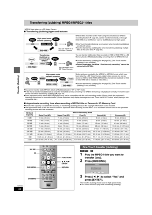 Page 5454
RQT7394
Transfer (Dubbing)
Transferring (dubbing) MPEG4/MPEG2§ titles
§MPEG2 data taken on a SD Video Camera
∫Transferring (dubbing) types and features
≥You cannot transfer (dub) MPEG4 data to a MultiMediaCard in “XF” or “SF” mode.
≥A title that is transferred (dubbed) to a computer-formatted card by converting it to MPEG4 format may not playback normally. Format the card 
on this unit before transferring (dubbing) (➡page 59).
≥Some equipment which allows MPEG4 playback may not be compatible with this...