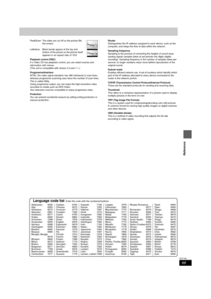 Page 6969
RQT7394
Reference
Pan&Scan: The sides are cut off so the picture fills 
the screen.
Letterbox: Black bands appear at the top and 
bottom of the picture so the picture itself 
appears in an aspect ratio of 16:9.
Playback control (PBC)
If a Video CD has playback control, you can select scenes and 
information with menus.
(This unit is compatible with version 2.0 and 1.1.) 
Progressive/Interlace
NTSC, the video signal standard, has 480 interlaced (i) scan lines, 
whereas progressive scanning uses twice...