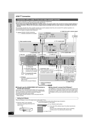 Page 88
RQT7394
Getting started
STEP 1Connection
≥You need to subscribe to a cable TV service to enjoy viewing their programming.
≥Consult your service provider regarding appropriate cable TV box.
≥If you receive your programming solely from a satellite service, the program guide in this unit will not receive program listings or 
channel information. Without this information, program-based recordings cannot be made. However, recordings can still be set 
manually.
The connection will allow the video cassette...