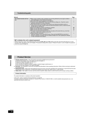 Page 7878
RQT7394
Reference
Troubleshooting guide
NetworkPage
1. Damage requiring service— The unit should be serviced by qualified service personnel if:
(a) The AC power supply cord or AC adaptor has been damaged; or
(b) Objects or liquids have gotten into the unit; or
(c) The unit has been exposed to rain; or
(d) The unit does not operate normally or exhibits a marked change in performance; or
(e) The unit has been dropped or the cabinet damaged.
2. Servicing— Do not attempt to service the unit beyond that...