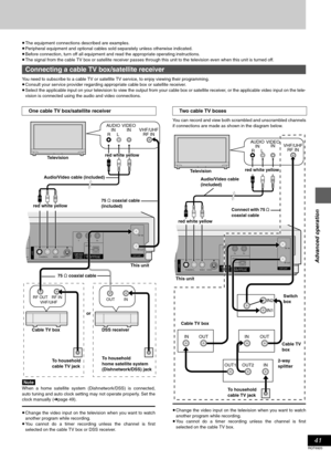 Page 4141
RQT6920
Advanced operation
≥The equipment connections described are examples.
≥Peripheral equipment and optional cables sold separately unless otherwise indicated.
≥Before connection, turn off all equipment and read the appropriate operating instructions.
≥The signal from the cable TV box or satellite receiver passes through this unit to the television even when this unit is turned off.
You need to subscribe to a cable TV or satellite TV service, to enjoy viewing their programming.
≥Consult your...