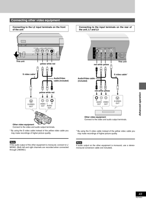 Page 4343
RQT6920
Advanced operation
§By using the S video cable instead of the yellow video cable you
may make recordings of higher picture quality.
[Note]
If the audio output of the other equipment is monaural, connect to L/
MONO. (Both left and right channels are recorded when connected
through L/MONO.)
§By using the S video cable instead of the yellow video cable you
may make recordings of higher picture quality.
[Note]
If audio output on the other equipment is monaural, use a stereo-
monaural conversion...
