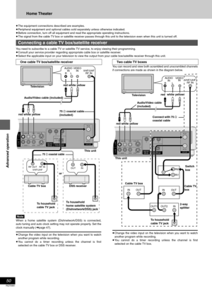 Page 5050
RQT6981
Advanced operation
Home Theater
≥The equipment connections described are examples.
≥Peripheral equipment and optional cables sold separately unless otherwise indicated.
≥Before connection, turn off all equipment and read the appropriate operating instructions.
≥The signal from the cable TV box or satellite receiver passes through this unit to the television even when this unit is turned off.
You need to subscribe to a cable TV or satellite TV service, to enjoy viewing their programming....