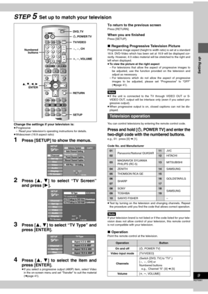 Page 99
RQT6981
Setting up
STEP 5Set up to match your television
Change the settings if your television is:≥Progressive
– Read your television’s operating instructions for details.
≥Widescreen (16:9 aspect ratio)
1Press [SETUP] to show the menus.
2Press [3, 4] to select “TV Screen”
and press [1].
3Press [3, 4] to select “TV Type” and
press [ENTER].
4Press [3, 4] to select the item and
press [ENTER].
≥If you select a progressive output (480P) item, select Video
in the on-screen menu and set “Transfer” to suit...