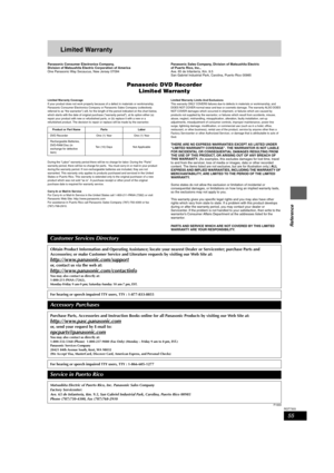 Page 5555
RQT7303
Reference
Limited Warranty
Panasonic Consumer Electronics Company, 
Division of Matsushita Electric Corporation of America
One Panasonic Way Secaucus, New Jersey 07094Panasonic Sales Company, Division of Matsushita Electric 
of Puerto Rico, Inc.,
Ave. 65 de Infantería, Km. 9.5 
San Gabriel Industrial Park, Carolina, Puerto Rico 00985
Panasonic DVD Recorder
Limited Warranty
Limited Warranty Coverage
If your product does not work properly because of a defect in materials or workmanship,...