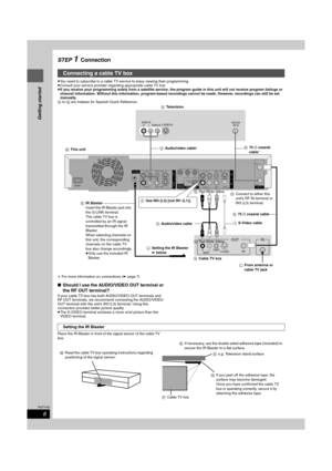 Page 88
RQT7303
Getting started
STEP 1Connection
≥You need to subscribe to a cable TV service to enjoy viewing their programming.
≥Consult your service provider regarding appropriate cable TV box.
≥If you receive your programming solely from a satellite service, the program guide in this unit will not receive program listings or 
channel information. Without this information, program-based recordings cannot be made. However, recordings can still be set 
manually.
A to Q are indexes for Spanish Quick...