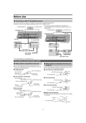 Page 11Before Use
11
≥You need to subscribe to a cable TV or satellite TV service to enjoy viewing their programming.
≥Consult your service provider regarding appropriate cable TV box or satellite receiver.
≥You can record and view simultaneously scrambled and 
unscrambled channels if connections are made as shown in the 
diagram below.
¢For more information on connections (l10)
Use one of the following connections to suit the antenna lead.
≥If your TV has both lead and coaxial VHF terminals, use the lead...