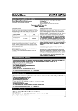 Page 71Helpful Hints
71
Panasonic Consumer Electronics Company, 
Division of Matsushita Electric Corporation of America
One Panasonic Way Secaucus, New Jersey 07094Panasonic Sales Company, Division of Matsushita Electric 
of Puerto Rico, Inc.,
Ave. 65 de Infantería, Km. 9.5 
San Gabriel Industrial Park, Carolina, Puerto Rico 00985
Panasonic DVD Recorder
Limited Warranty
Limited Warranty Coverage
If your product does not work properly because of a defect in materials or workmanship, 
Panasonic Consumer...