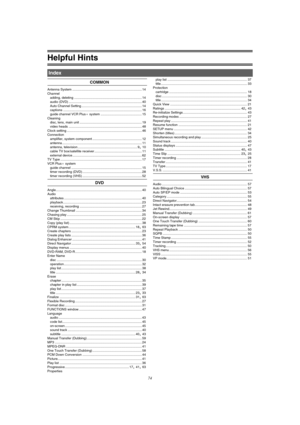 Page 74Helpful Hints
74
COMMON
Antenna System ............................................................................ 14
Channel
adding, deleting .......................................................................... 14
audio (DVD) ................................................................................ 40
Auto Channel Setting .................................................................. 14
captions ...................................................................................... 16...