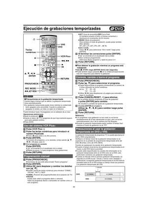 Page 8080
Ejecución de grabaciones temporizadas
[RAM] [DVD-R]
Puede introducir hasta 16 programas con un adelanto de un mes.
Operaciones preliminares
≥Quite la protección. [RAM]
≥Inserte un disco (l77) y asegúrese de que haya bastante espacio 
vacío para grabarle encima.
≥Pulse [DVD].
[1]Pulse [VCR Plus_].
[2]Pulse las teclas numéricas para introducir el 
número PlusCode
.≥Pulse [2] para volver a la cifra correcta.
[3]Pulse [ENTER].Cerciórese del programa y, si lo necesita, corrija usando [3, 4, 
2, 1]. (l...