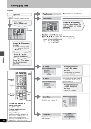 Page 3232
RQT6984
Editing
Editing play lists
[HDD] [RAM]
The play list is erased.
Properties
No.
Scenes 0:03.53Date
Total 1
00410/23/2002 FRI
RETURN
ENTER
Dinosaur
Erase this PLAY LIST?
EraseErase PLAY LIST
Cancel
RETURN
ENTERSELECT
Copy this PLAY LIST?
CopyCopy PLAY LIST
Cancel
RETURN
ENTERSELECT
PLAY LIST
------NoDATE TOTALSCENEEDIT TITLE
USJ006 02 10/26 0:073
3
1
1
1
1
1
1
002003
004
001
-------/----:--
0   ~   9No.
RETURN ENTERSELECT
PLAY LIST
Edit Scenes
0   ~   9Select Page
001 / 001
  1 10/23 0:03 004...