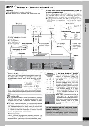 Page 55
RQT6984
Setting up
STEP 1Antenna and television connections
Preparation
≥Refer to the television’s operating instructions.
≥Turn the television off and disconnect its AC power supply cord.
To enjoy sound through other audio equipment (➜page 51)
To enjoy progressive video
Connect to the component video (480P) input terminals on a televi-
sion compatible with this unit’s copy guard system. (Video will not
be displayed correctly if connected to an incompatible television.)
≥All Panasonic televisions that...