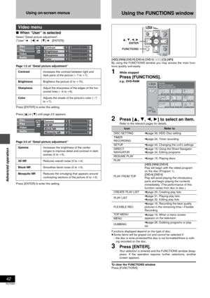 Page 4242
RQT6984
Advanced operation
Using on-screen menus
∫When “User” is selected
Select “Detail picture adjustment”.
(“User” ➜ [2] ➜ [4] ➜ [ENTER])
Page 1/2 of “Detail picture adjustment”
Press [ENTER] to enter the setting.
Press [3] or [4] until page 2/2 appears.
Page 2/2 of “Detail picture adjustment”
Press [ENTER] to enter the setting.[HDD] [RAM] [DVD-R] [DVD-A] [DVD-V] [VCD] [CD] [MP3]
By using the FUNCTIONS window you may access the main func-
tions quickly and easily.
1While stopped
Press [FUNCTIONS]....