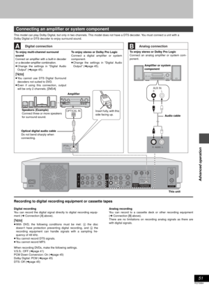 Page 5151
RQT6984
Advanced operation
This model can play Dolby Digital, but only in two channels. This model does not have a DTS decoder. You must connect a unit with a 
Dolby Digital or DTS decoder to enjoy surround sound.
Recording to digital recording equipment or cassette tapes
Digital recording
You can record the digital signal directly to digital recording equip-
ment (➜Connection [A] above).
[Note]
≥With DVD, the following conditions must be met: a the disc
doesn’t have protection preventing digital...