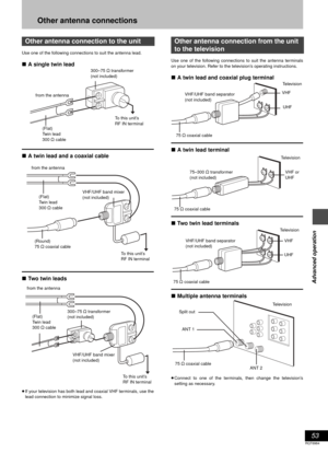 Page 5353
RQT6984
Advanced operation
Other antenna connections
Use one of the following connections to suit the antenna lead.
∫A single twin lead
∫A twin lead and a coaxial cable
∫Two twin leads
≥If your television has both lead and coaxial VHF terminals, use the
lead connection to minimize signal loss.Use one of the following connections to suit the antenna terminals
on your television. Refer to the television’s operating instructions.
∫A twin lead and coaxial plug terminal
∫A twin lead terminal
∫Two twin lead...