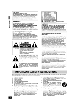 Page 22
RQT7305
Getting started
Read these operating instructions carefully before using the unit. Follow the safety instructions on the unit and the applicable safety instructions 
listed below. Keep these operating instructions handy for future reference.
1) Read these instructions.
2) Keep these instructions.
3) Heed all warnings.
4) Follow all instructions.
5) Do not use this apparatus near water.
6) Clean only with dry cloth.
7) Do not block any ventilation openings. Install in accordance with 
the...