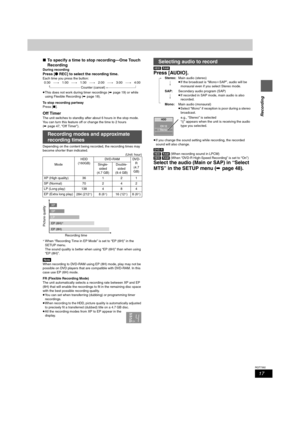 Page 1717
RQT7392
Recording
∫To specify a time to stop recording—One Touch 
Recording
During recording
Press [¥REC] to select the recording time.
Each time you press the button:
≥This does not work during timer recordings (➡page 19) or while 
using Flexible Recording (➡page 18).
To stop recording partway
Press [∫].
Off Timer
The unit switches to standby after about 6 hours in the stop mode. 
You can turn this feature off or change the time to 2 hours 
(➡page 47, “Off Timer”).
Depending on the content being...