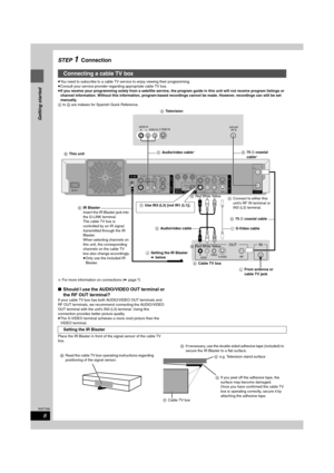 Page 88
RQT7392
Getting started
STEP 1Connection
≥You need to subscribe to a cable TV service to enjoy viewing their programming.
≥Consult your service provider regarding appropriate cable TV box.
≥If you receive your programming solely from a satellite service, the program guide in this unit will not receive program listings or 
channel information. Without this information, program-based recordings cannot be made. However, recordings can still be set 
manually.
A to Q are indexes for Spanish Quick...