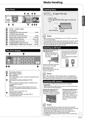Page 77
RQT9048
Getting Started
Rear Panel
PR
PBY
COMPONENT
VIDEO OUTAC IN SET TOP BOX
CONTROLOPTICALDIGITAL AUDIO OUT
 (
PCM/BITSTREAM)R-AUDIO-LVIDEOS VIDEOIN1OUT
AV OUT
3
987bk
45621
1AC IN~ = Power supply
2Cooling fan
3AUDIO/VIDEO input terminal ................... (➔ 8)
4S VIDEO input terminal
5Set Top Box Control terminal .................... (➔ 8)
6Digital audio output terminal ................... (➔ 53)
7HDMI AV OUT terminal ...................... (➔ 9, 54)
8S VIDEO output terminal...
