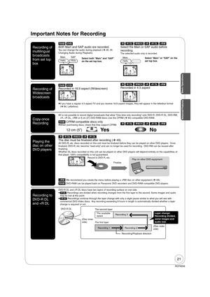 Page 2121
RQT9058
Important Notes for Recording 
[RAM] [VHS]
Both Main and SAP audio are recorded.
You can change the audio during playback (
