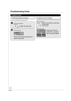Page 7474
RQT9058
Troubleshooting Guide
To Reset This Unit
To reset the ratings level settings
  With the unit stopped
OPEN/CLOSE
 to open the disc tray.
  On the main unit
 REC
SD CARD
REC MODEREC MODEINPUT SELECTINPUT SELECT
Press and hold both buttons for 
about 5 seconds.
To restore the unit if it freezes
On the main unit
POWER  Press and hold for more than 
10 seconds.
–The unit is off.
or
On the main unit
RESET
 
Press and hold for 
more than 1 second 
with a pointed object.
You can reset DVD-Video rating (