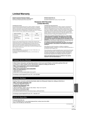 Page 8787
RQT9058
Limited Warranty
Limited Warranty  Coverage
If your product does not work properly because of a defect in materials or workmanship, 
Panasonic Consumer Electronics Company or Panasonic Puerto Rico, Inc. (collectively 
referred to as “the warrantor”) will, for the length of the period indicated on the chart below, 
which starts with the date of original purchase (“warranty period”), at its option either (a) 
repair your product with new or refurbished parts, or (b) replace it with a new or a...