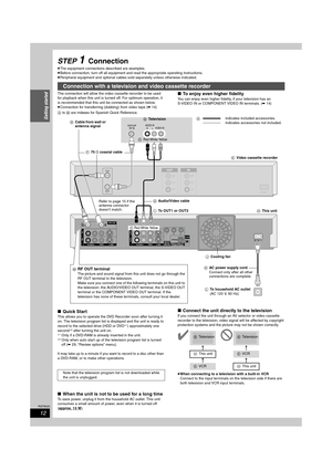 Page 1212
RQT8023
Getting started
STEP 1Connection
≥The equipment connections described are examples.
≥Before connection, turn off all equipment and read the appropriate operating instructions.
≥Peripheral equipment and optional cables sold separately unless otherwise indicated.
The connection will allow the video cassette recorder to be used 
for playback when this unit is turned off. For optimum operation, it 
is recommended that this unit be connected as shown below.
≥Connection for transferring (dubbing)...