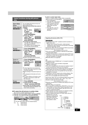 Page 3535
RQT8023
Playing back
∫To select the still pictures in another folder
(➡9, Structure of folders displayed by this unit)
1Press [3,4,2,1] to select “Folder” and press [ENTER].
2Press [3,4] to select the folder and press [ENTER].
You can also select folders with the numbered buttons.
e.g., 5: [0] ➡ [0] ➡ [5]
15: [0] ➡ [1] ➡ [5]
115: [1] ➡ [1] ➡ [5]To switch to another higher folder
If there is a multiple number of higher folders recognizable,
While the screen on the right appears
1 Press [SUB MENU]....