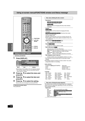 Page 3636
RQT8023
Playing back
Using on-screen menus/FUNCTIONS window and Status message
1Press [DISPLAY].
≥Depending on the condition of the unit (playing, stopped, 
etc.) and disc contents, there are some items that you 
cannot select or change.
2Press [3,4] to select the menu and 
press [1].
3Press [3,4] to select the item and 
press [1].
4Press [3,4] to select the setting.
≥Some items can be changed by pressing [ENTER].
To clear the on-screen menus
Press [DISPLAY].
§You may have to use the menus (➡31) on...