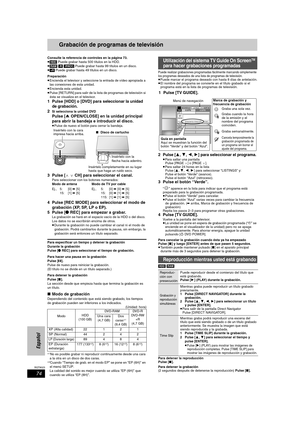 Page 7474
RQT8023
Español
Grabación de programas de televisión
Consulte la referencia de controles en la página 73.
≥[HDD] Puede grabar hasta 500 títulos en la HDD.
≥[RAM] [-R] [-RW‹V›] Puede grabar hasta 99 títulos en un disco.
≥[+R] Puede grabar hasta 49 títulos en un disco.
Preparación
≥Encienda el televisor y seleccione la entrada de vídeo apropiada a 
las conexiones de esta unidad.
≥Encienda esta unidad.
≥Pulse [RETURN] para salir de la lista de programas de televisión si 
ésta se visualiza en el...