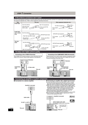 Page 1818
RQT8365
STEP 1Connection
Use one of the following connections to suit the antenna lead to the unit’s RF IN terminal, and the 75 ≠ coaxial cable to the antenna terminals on 
the equipment (television etc.). Refer to other equipment’s operating instructions.
The S VIDEO OUT terminal achieves a more vivid picture than the 
VIDEO OUT terminal. (Actual results depend on the television.)
These terminals can be used for either interlace or progressive output 
(➡77) and provide a purer picture than the S...